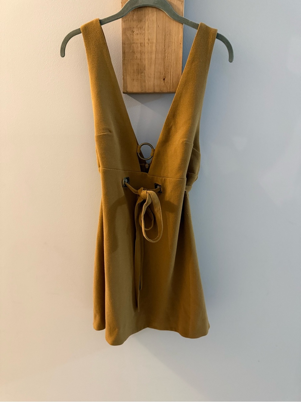 FREE PEOPLE Mustard-Brown Suede Feel Deep-V Dress w Grommets & Tie Waist, S